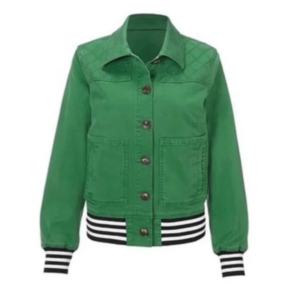 CAbi Mod Bomber Jacket #5852 Green Stripped cuffs Small, EUC